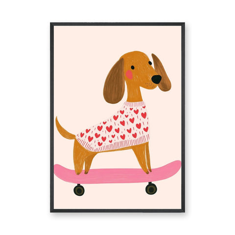 Dachshund Skateboard Kids Wall Art – Dog in Heart Sweater on Pink Board