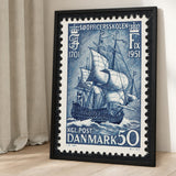 Danish Sailing Ship Stamp Vintage Wall Art – Blue Coastal Postage Print