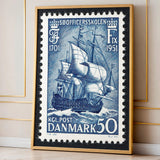 Danish Sailing Ship Stamp Vintage Wall Art – Blue Coastal Postage Print