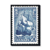 Danish Sailing Ship Stamp Vintage Wall Art – Blue Coastal Postage Print