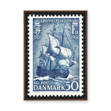 Danish Sailing Ship Stamp Vintage Wall Art – Blue Coastal Postage Print