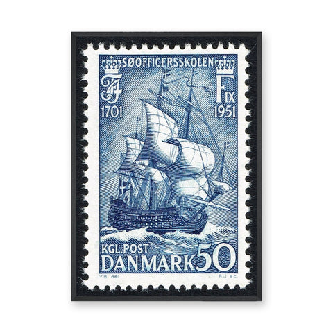 Danish Sailing Ship Stamp Vintage Wall Art – Blue Coastal Postage Print