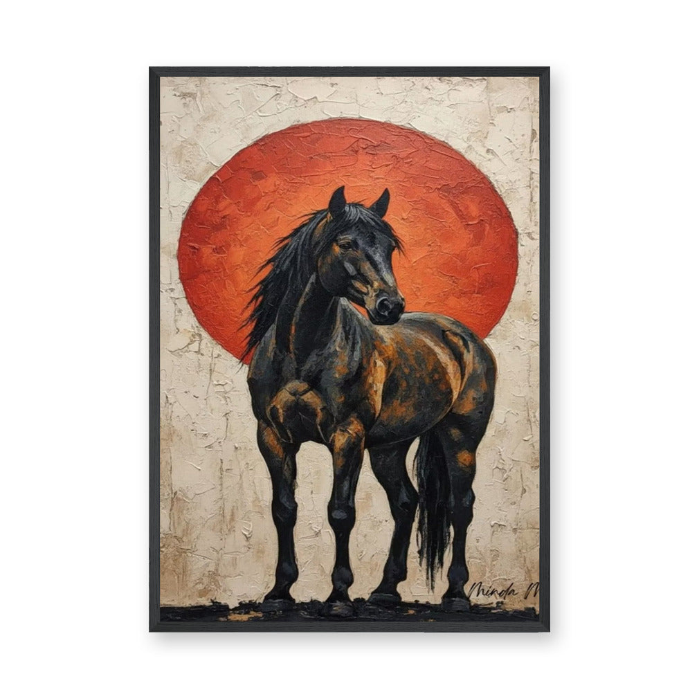 Dark Horse Modern Wall Art – Black Horse Before a Large Red Sun