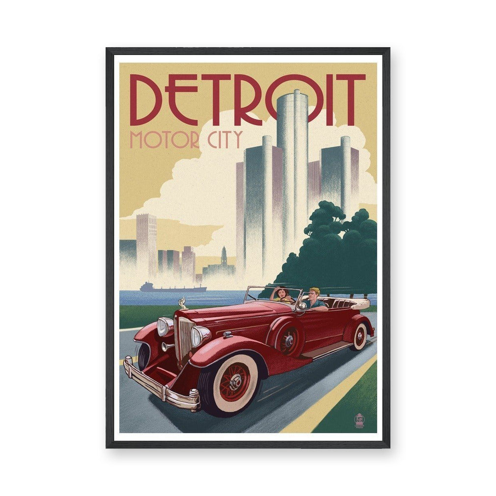 Detroit Motor City Vintage Wall Art – Red Convertible Skyline Print