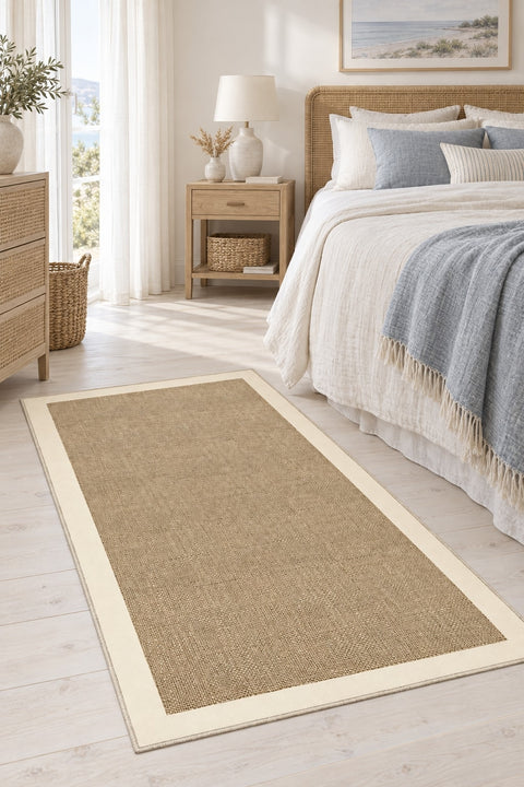 Digital Print Modern Kitchen Rug – Beige in a bedroom