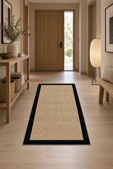 Digital Print Modern Kitchen Rug – Black in a hallway