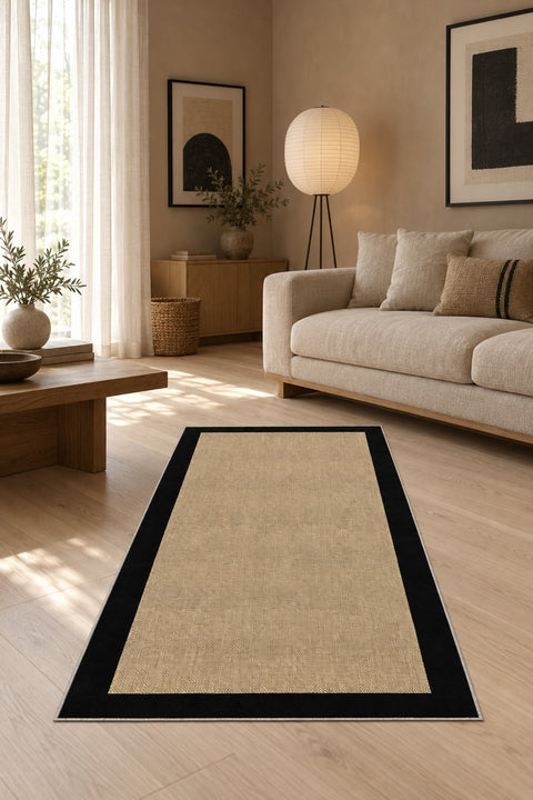 Digital Print Modern Kitchen Rug – Black in a living room