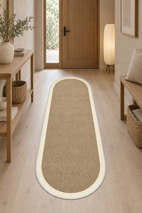 Digital Print Modern Oval Kitchen Rug – Beige in a hallway