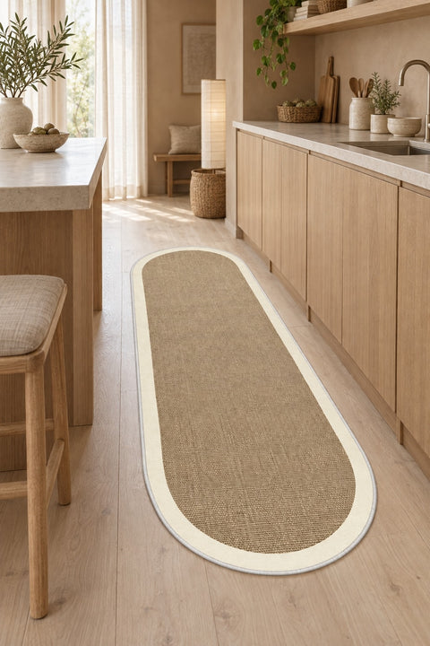 Digital Print Modern Oval Kitchen Rug – Beige in a kitchen