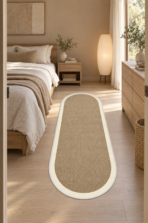 Digital Print Modern Oval Kitchen Rug – Beige in a bedroom