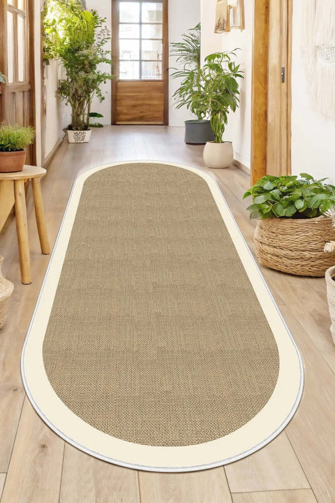 Digital Print Modern Oval Kitchen Rug – Beige in a hallway