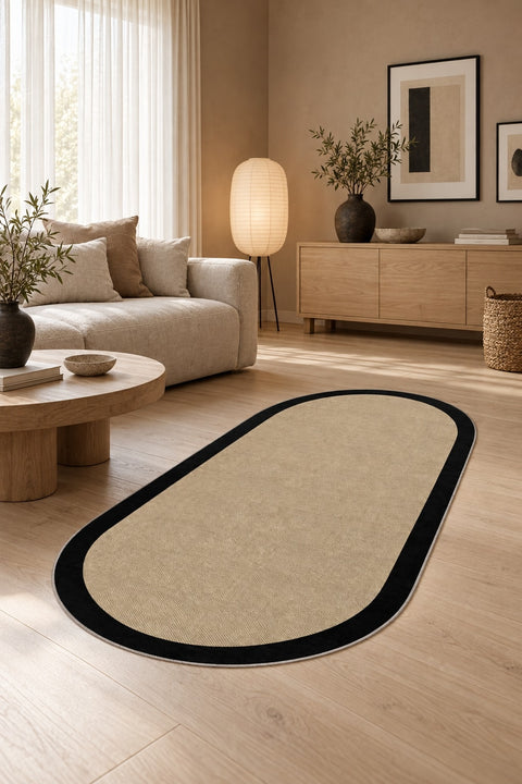 Digital Print Modern Oval Kitchen Rug – Black in a living room