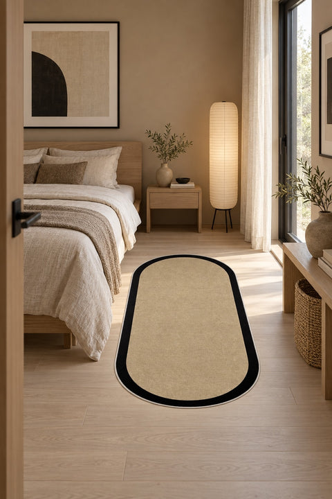 Digital Print Modern Oval Kitchen Rug – Black in a bedroom