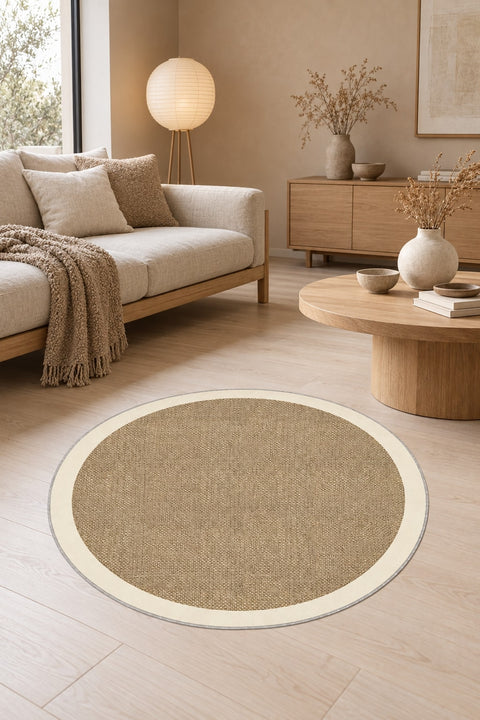 Digital Print Modern Round Kitchen Rug – Beige in a living room