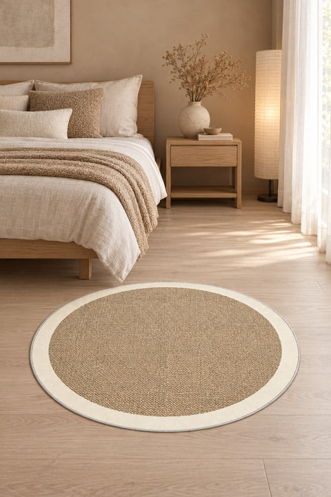 Digital Print Modern Round Kitchen Rug – Beige in a bedroom