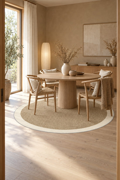 Digital Print Modern Round Kitchen Rug – Beige in a dining room