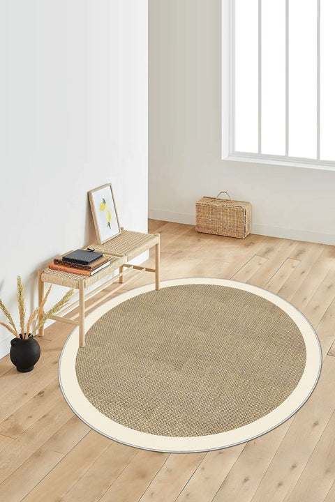 Digital Print Modern Round Kitchen Rug – Beige in a living room