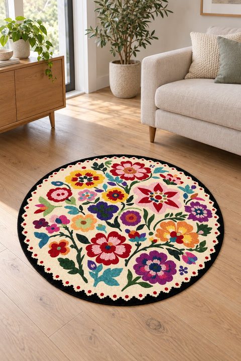 Digital Print Modern Round Rug – Multicolor in a living room
