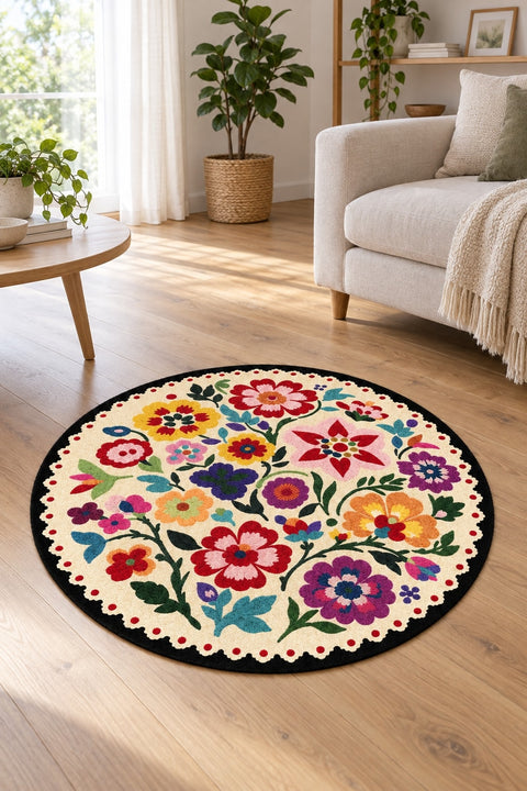 Digital Print Modern Round Rug – Multicolor in a living room