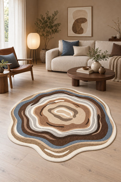 Digital Print Round Area Rug – Brown in a living room