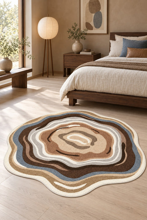 Digital Print Round Area Rug – Brown in a bedroom