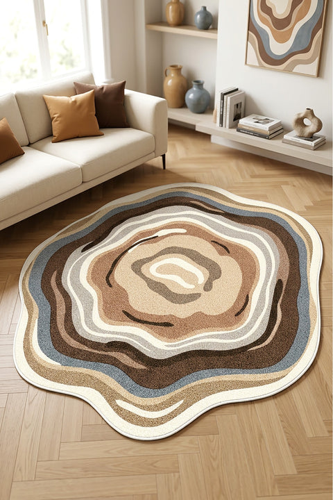 Digital Print Round Area Rug – Brown in a living room