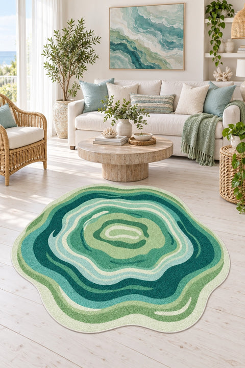 Digital Print Round Area Rug – Green in a living room