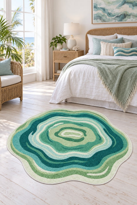 Digital Print Round Area Rug – Green in a bedroom