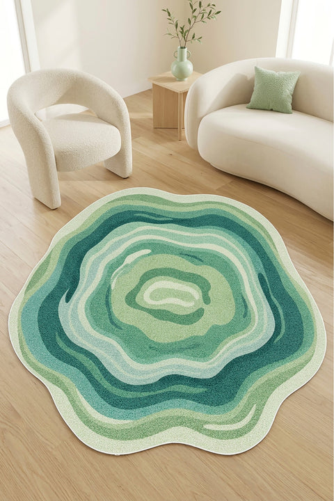 Digital Print Round Area Rug – Green in a living room