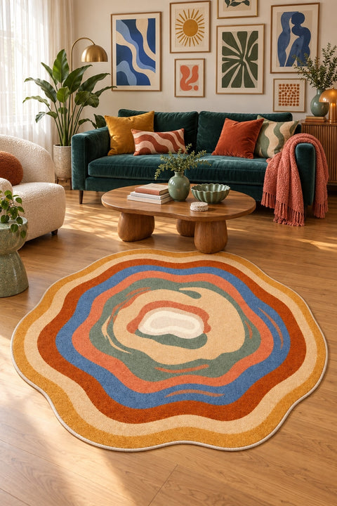 Digital Print Round Area Rug – Multicolor in a living room