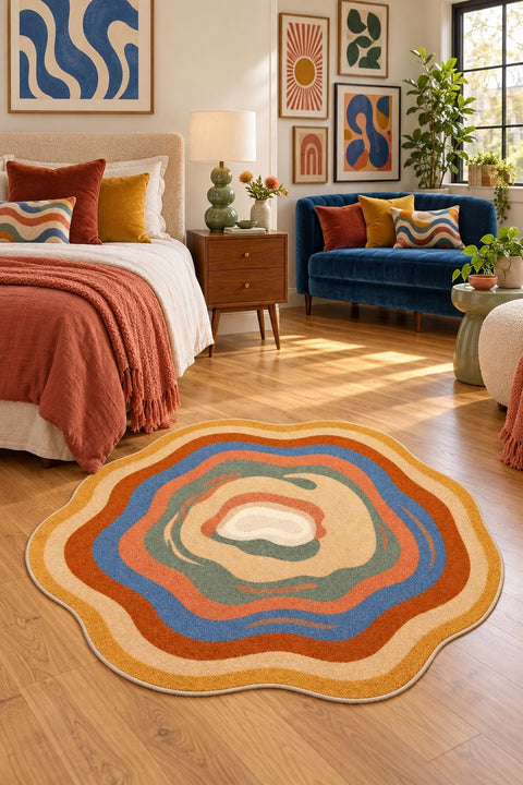 Digital Print Round Area Rug – Multicolor in a bedroom