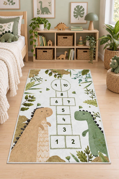 Dinosaur Hopscotch Kids Area Rug in a nursery