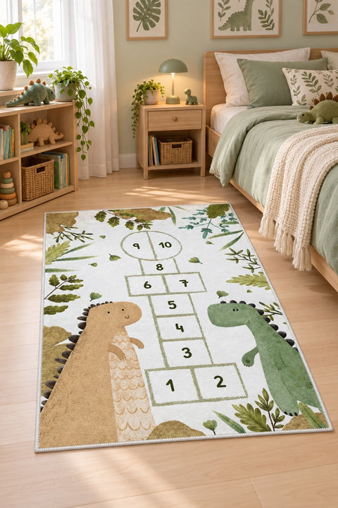 Dinosaur Hopscotch Kids Area Rug in a bedroom