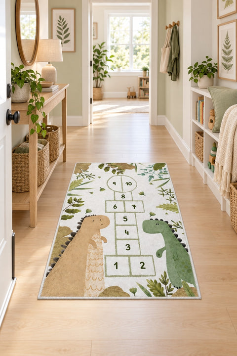 Dinosaur Hopscotch Kids Area Rug in a hallway