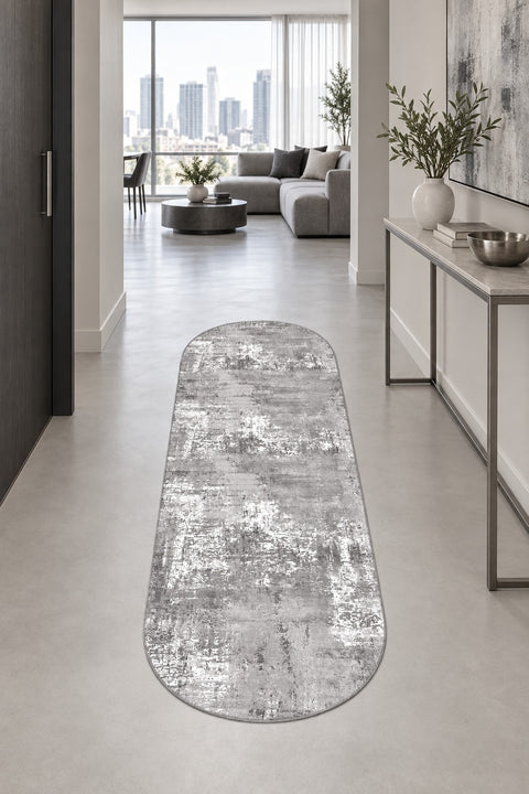 Distressed Classic Oval Runner Rug – Gray in a hallway