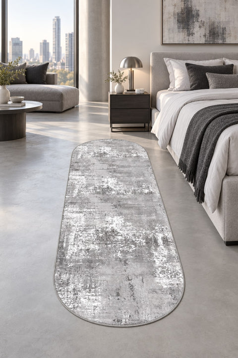 Distressed Classic Oval Runner Rug – Gray in a bedroom