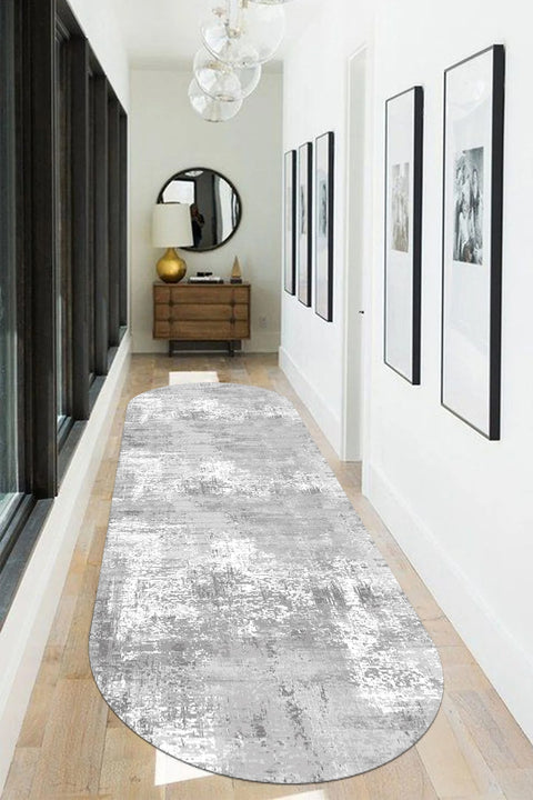Distressed Classic Oval Runner Rug – Gray in a hallway
