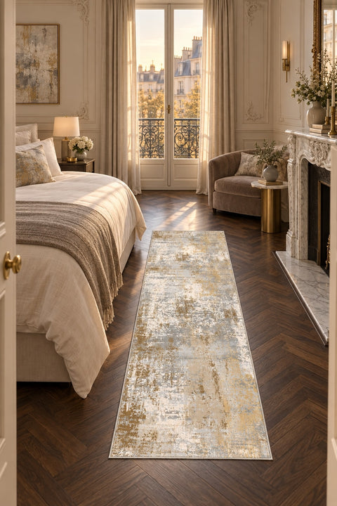 Distressed Classic Runner Rug – Beige in a bedroom