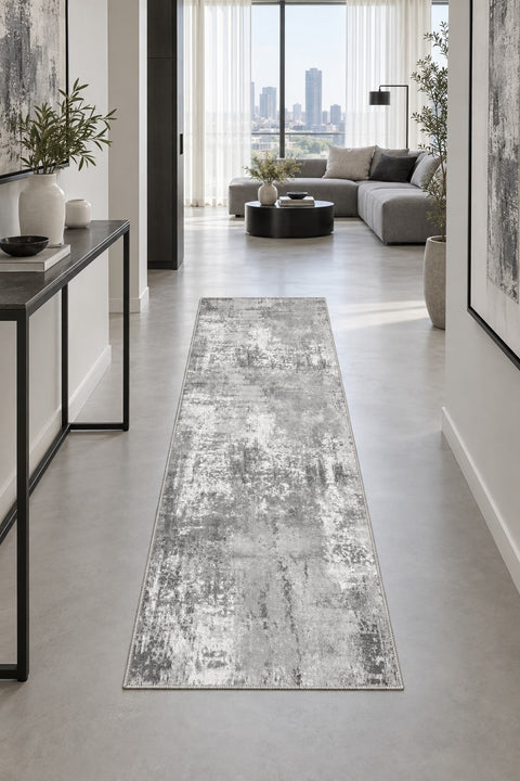 Distressed Classic Runner Rug – Gray in a hallway