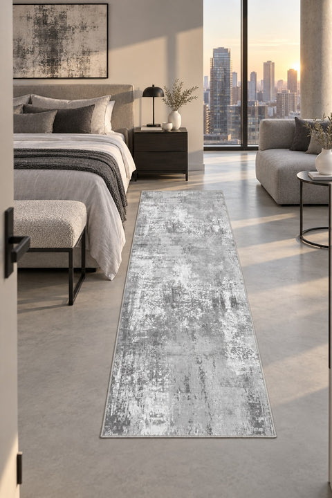 Distressed Classic Runner Rug – Gray in a bedroom