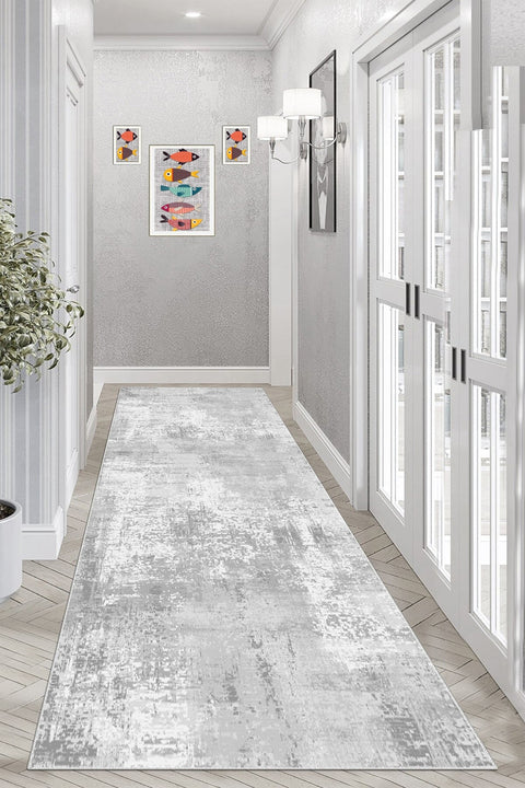 Distressed Classic Runner Rug – Gray in a hallway