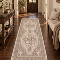 Distressed Medallion Vintage Runner Rug – Beige in a hallway