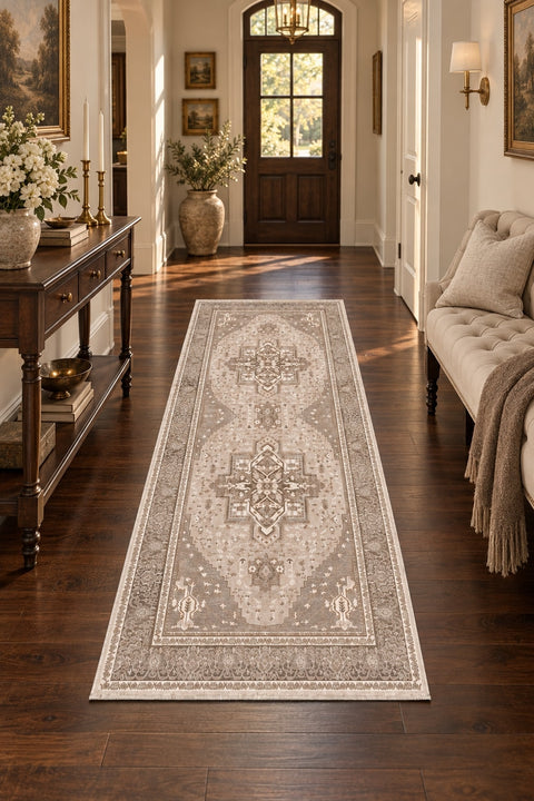 Distressed Medallion Vintage Runner Rug – Beige in a hallway
