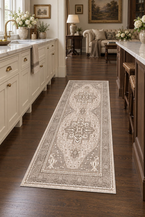 Distressed Medallion Vintage Runner Rug – Beige in a kitchen