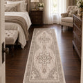 Distressed Medallion Vintage Runner Rug – Beige in a bedroom