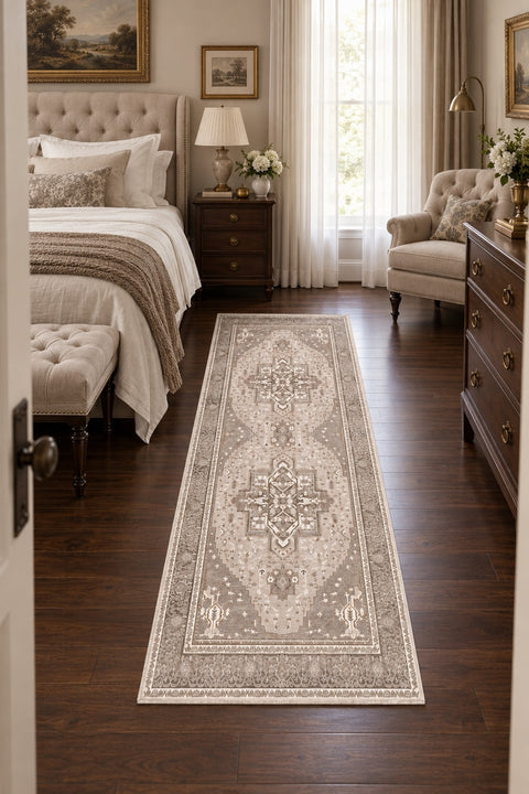 Distressed Medallion Vintage Runner Rug – Beige in a bedroom