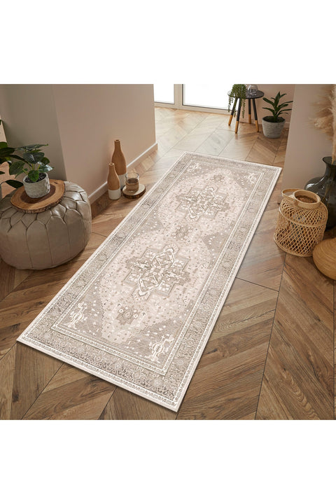 Distressed Medallion Vintage Runner Rug – Beige in a hallway