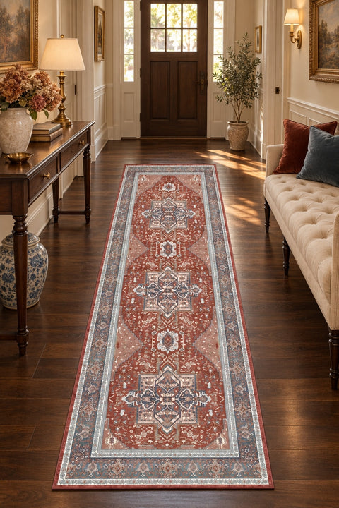 Distressed Medallion Vintage Runner Rug – Red in a hallway