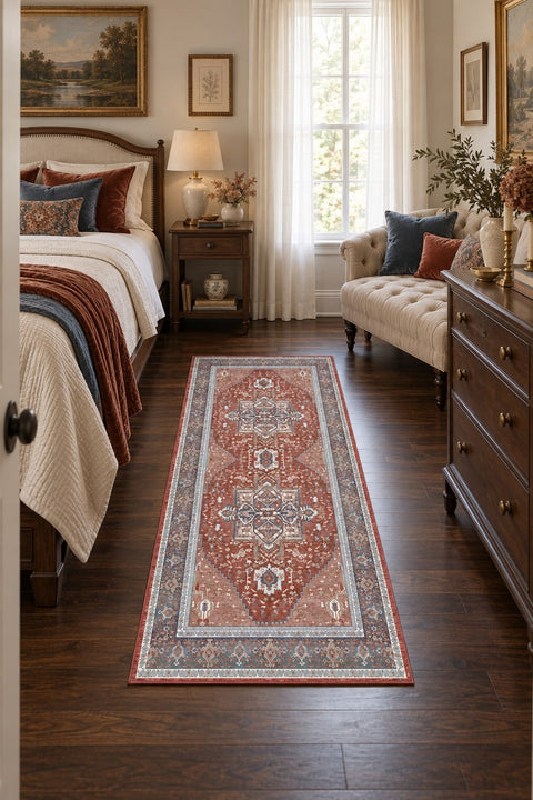 Distressed Medallion Vintage Runner Rug – Red in a bedroom