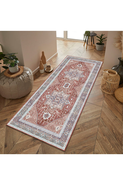Distressed Medallion Vintage Runner Rug – Red in a hallway